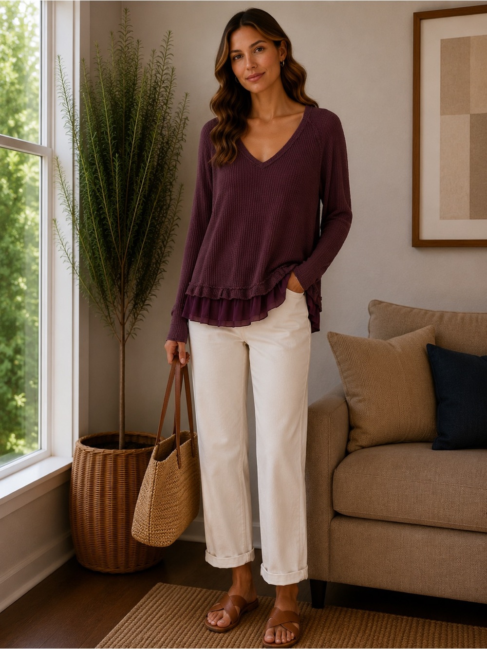 We The Free Waffle Knit Tunic Long Sleeve Thumbholes V-Neck Size XS Burgundy